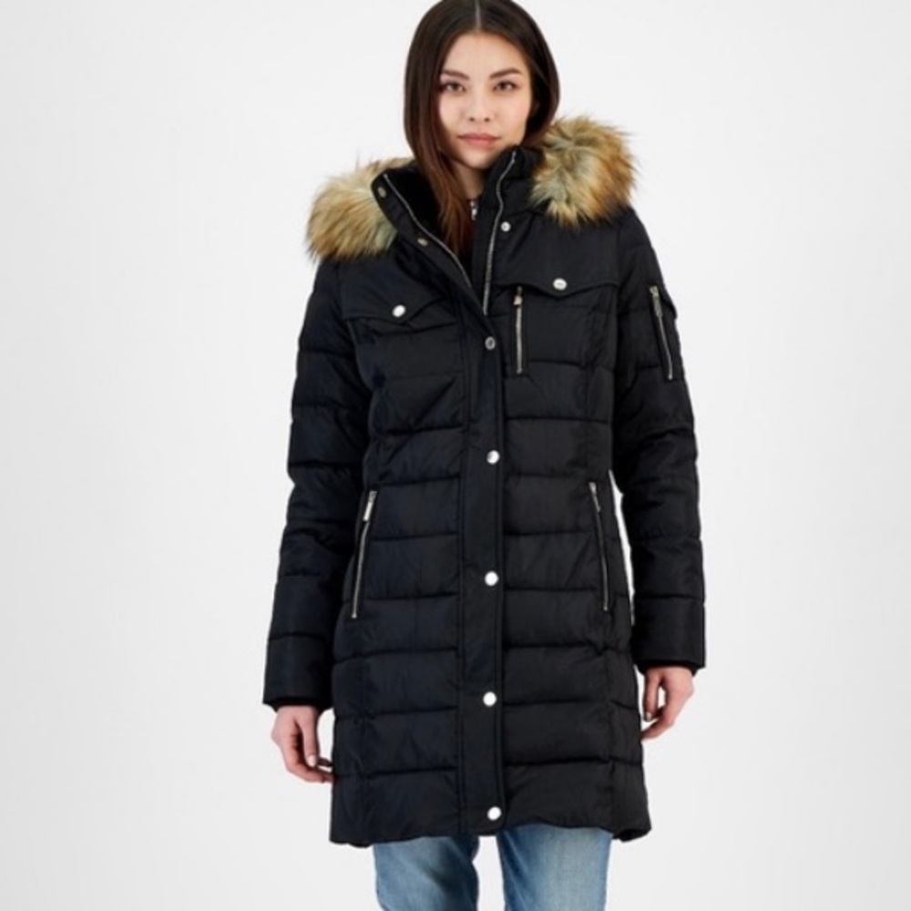 Michael Kors Black Puffer Coat with gold accents and removable Faux-Fur Hood